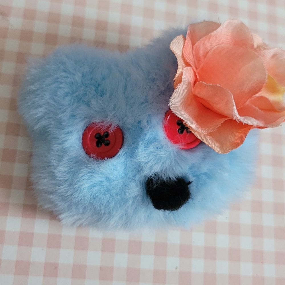 Blue Fuzzy Bear Hair Clip with Coral Flower